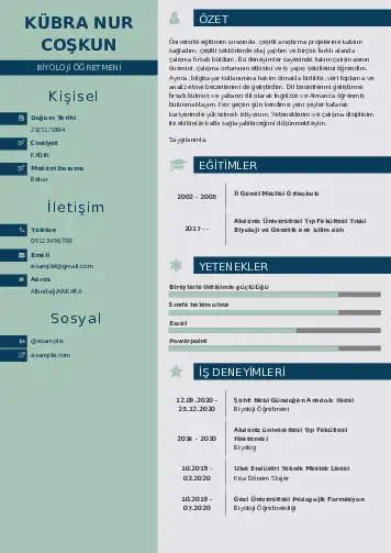 Biyoloji Öğretmeni CV Örnekleri cv indir